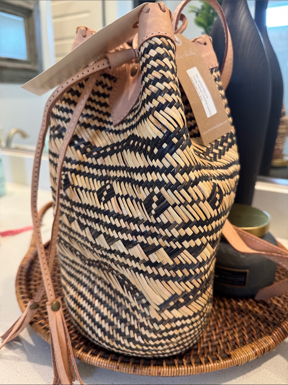 Pink Haley Handmade Woven Straw Bucket Bag with Leather Trim - Black & Natural